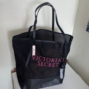 Victoria's Secret Embroidered Logo Black Mesh Large Tote Bag